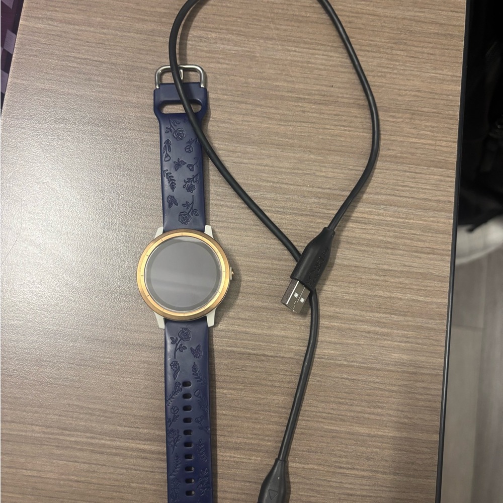 Garmin Smartwatch with Blue Band and Gold Bezel